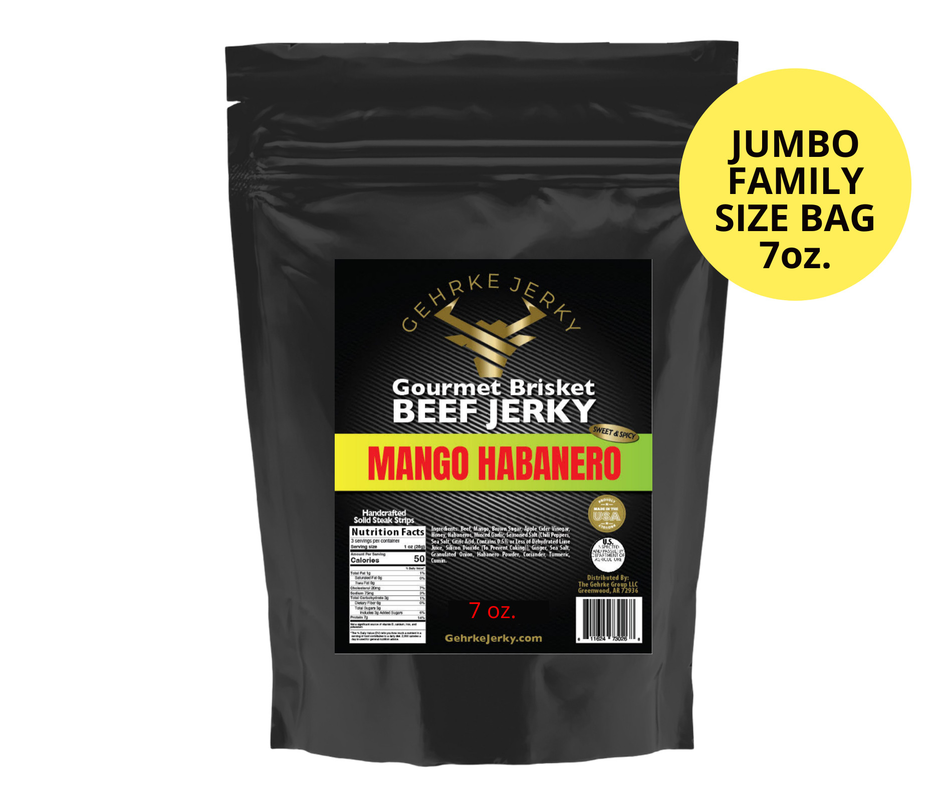 GEHRKE JERKY -JERKY MANGO HABANERO - GOURMET 100% PREMIUM BEEF BRISKET JERKY 7 OZ. BAG