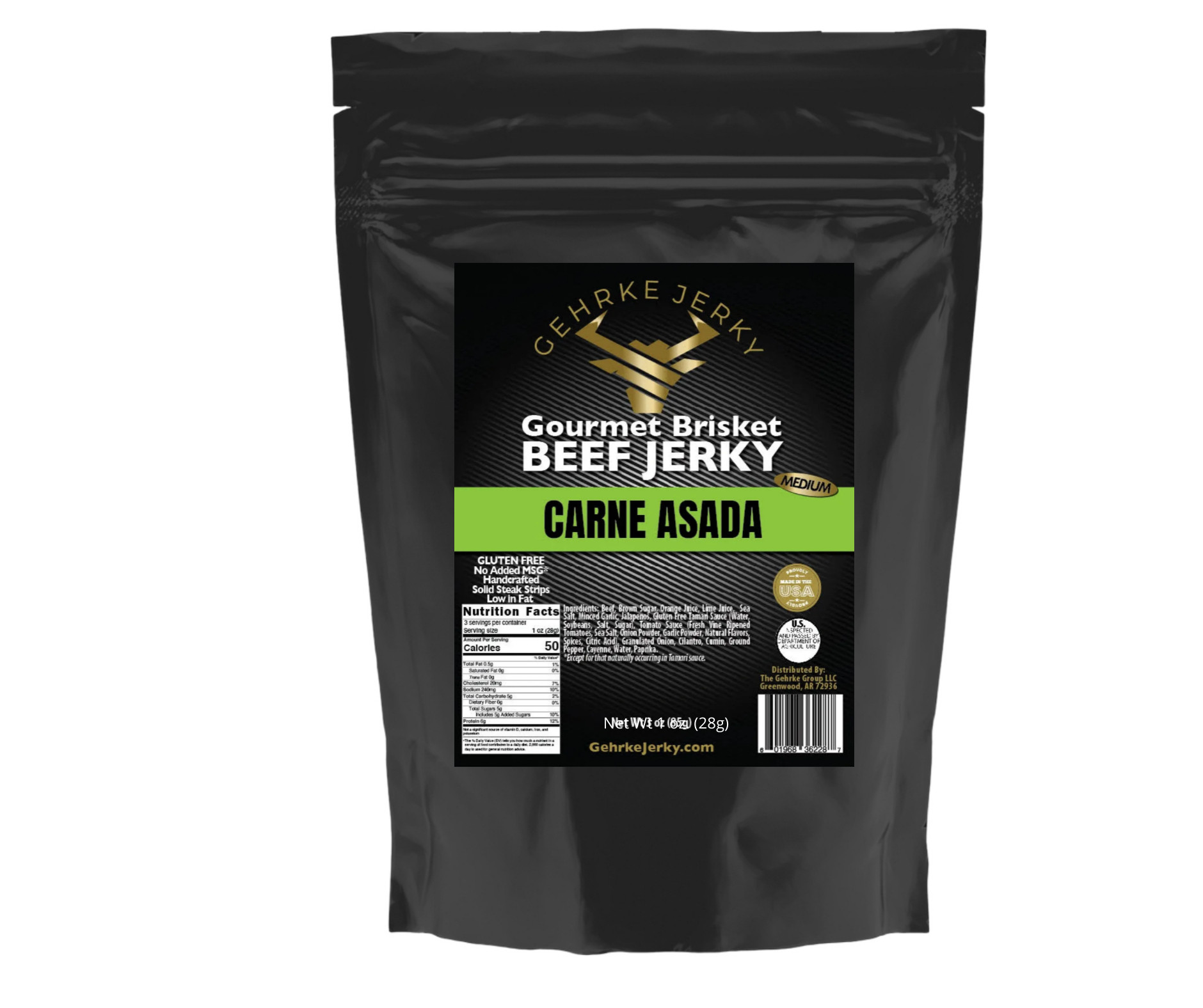 GEHRKE JERKY A SAMPLE BAG TO TRY -  CARNE ASADA - PREMIUM BEEF BRISKET JERKY - 1 oz. BAG