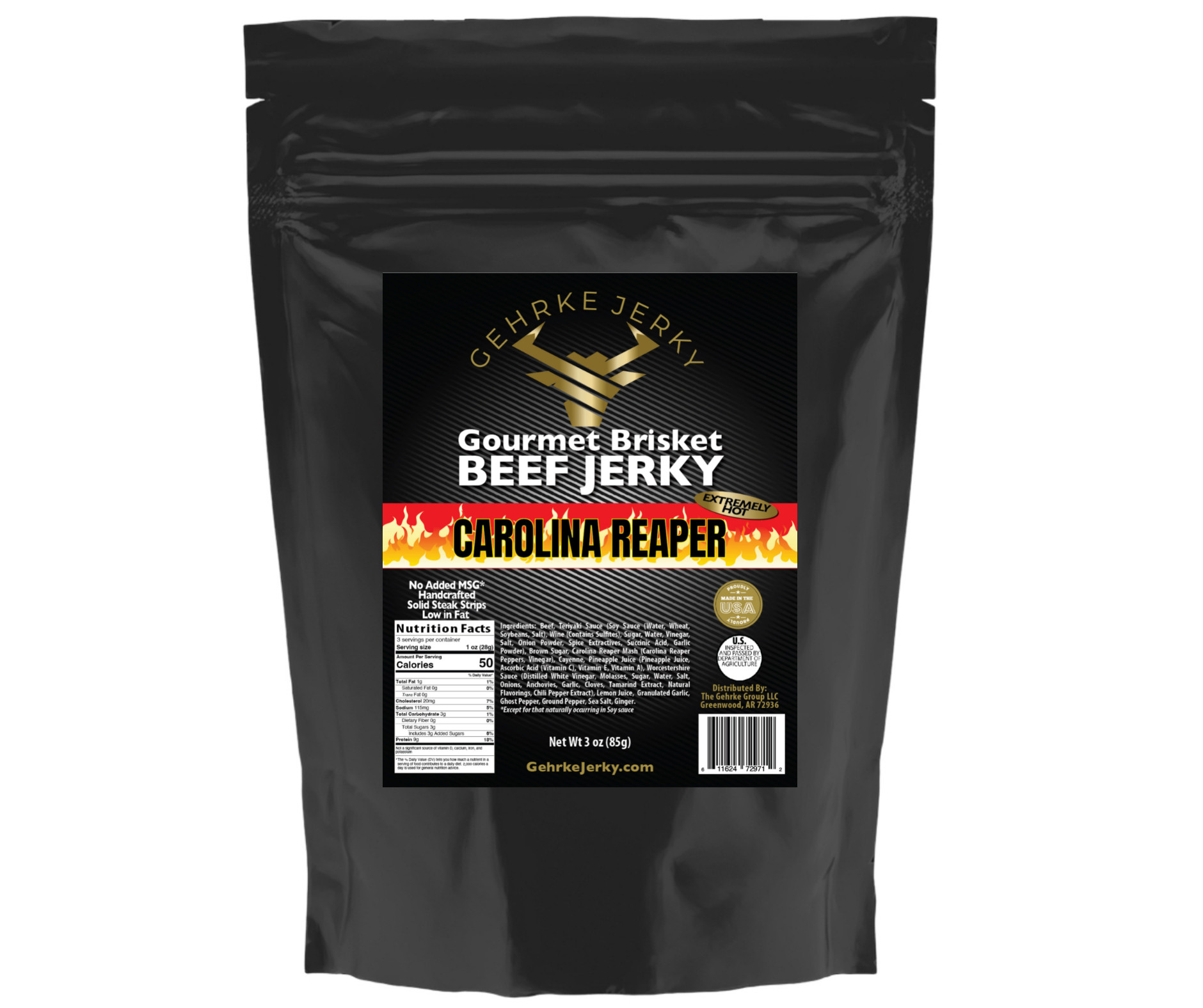 GEHRKE JERKY - CAROLINA REAPER PREMIUM BEEF BRISKET ONE (3) oz. BAG