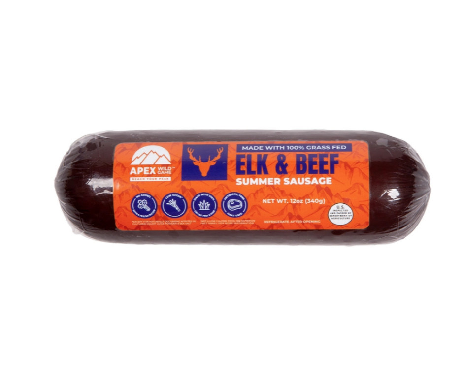 GRASS -FED ELK Farmers' Market - Apex Grass Fed Elk and Grassfed Beef, Antibiotic Free, Nitrate Free, Low Sugar, Gluten Free, Keto, Paleo, 12oz Summer Sausage, Meat