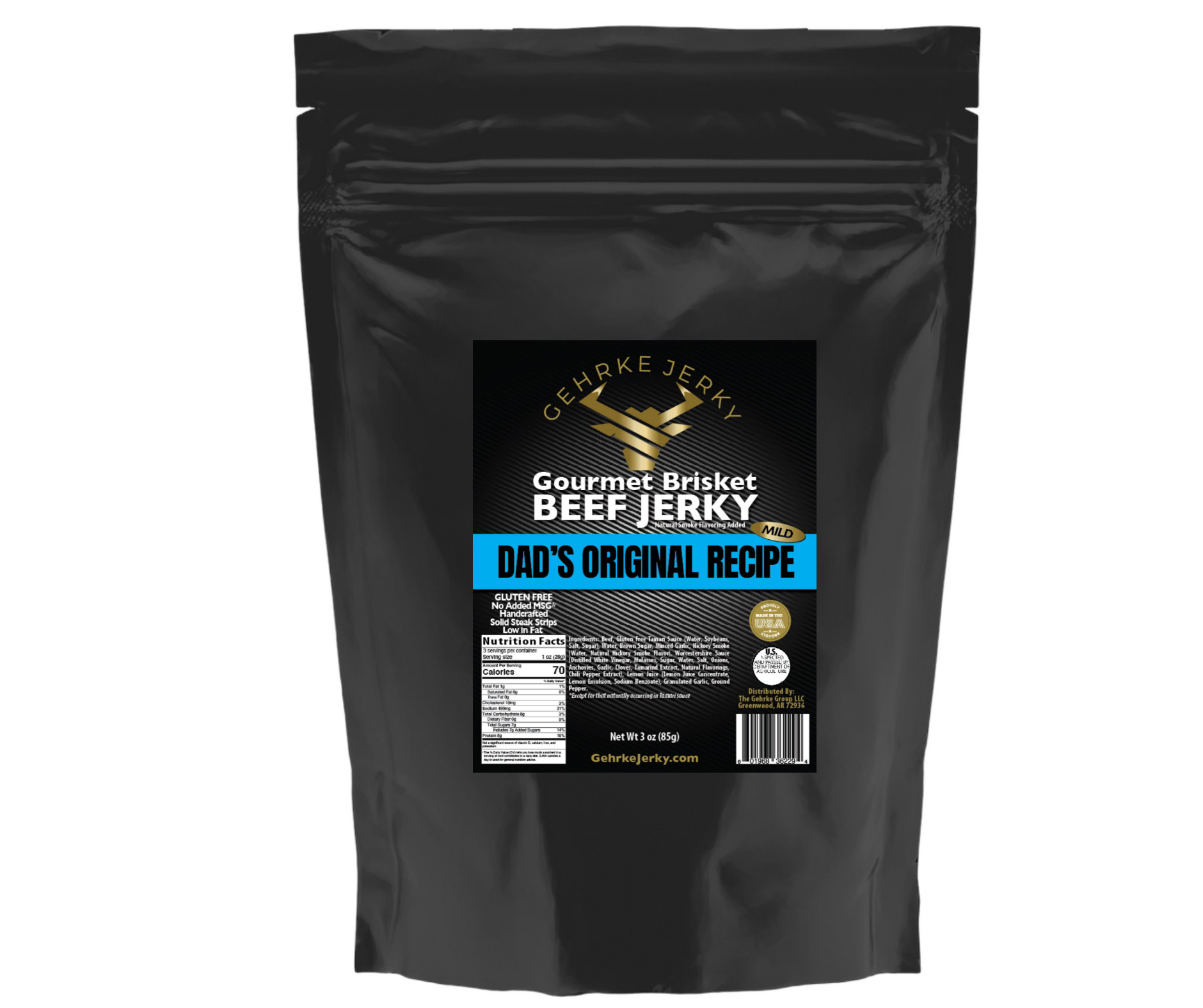 GEHRKE JERKY -  "DAD'S ORIGINAL RECIPE" PREMIUM ALL BEEF BRISKET Gourmet Jerky One (1) 3  oz. Bag