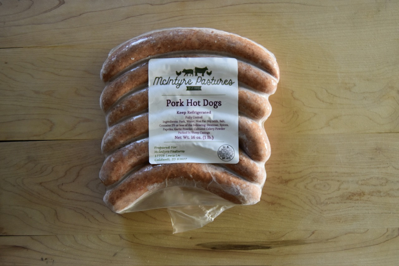 Uncured hot dogs in sheep casing