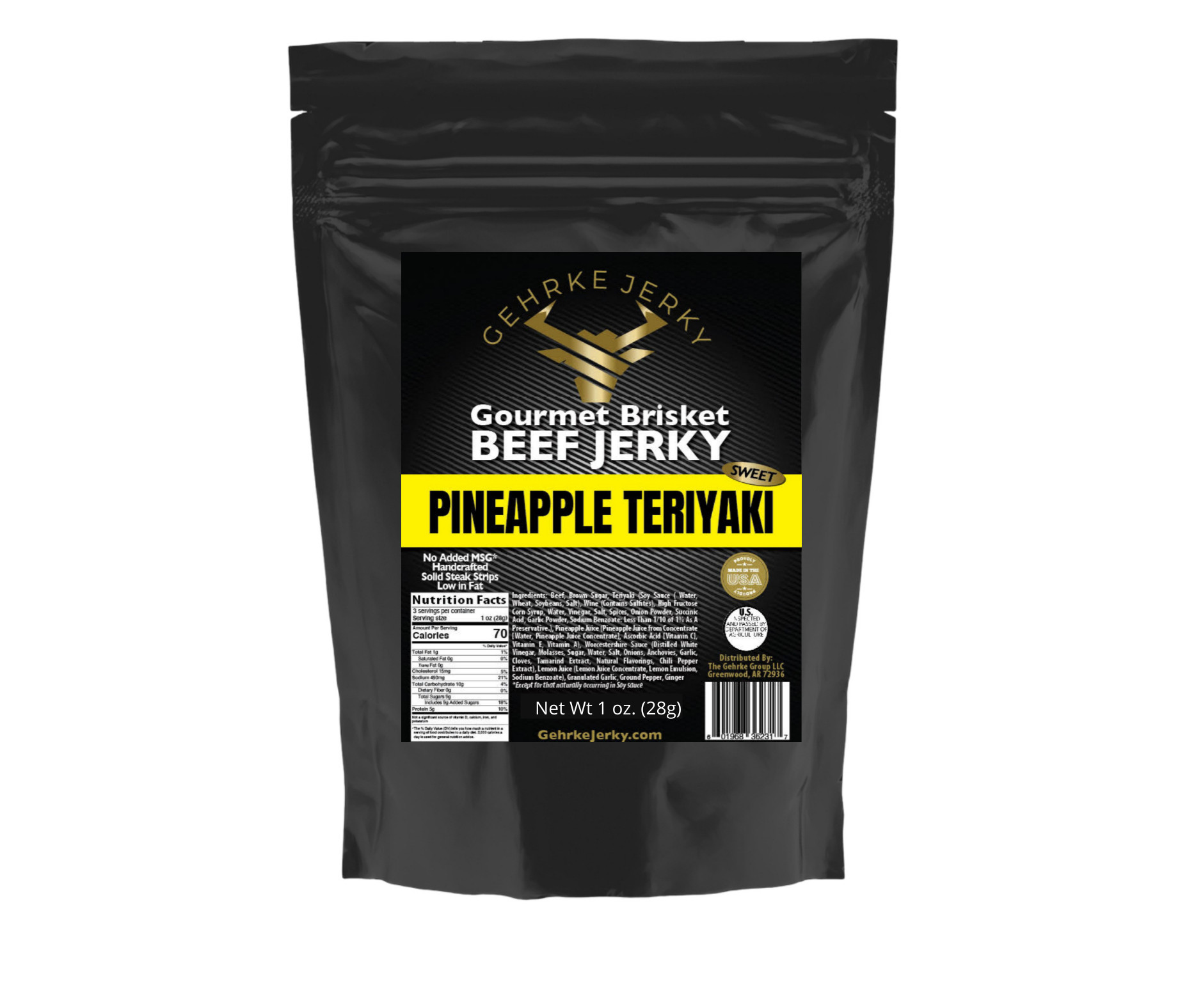 GEHRKE JERKY - GET A SAMPLE BAG TO TRY - PINEAPPLE TERIYAKI -PREMIUM BEEF BRISKET JERKY 1 oz. BAG