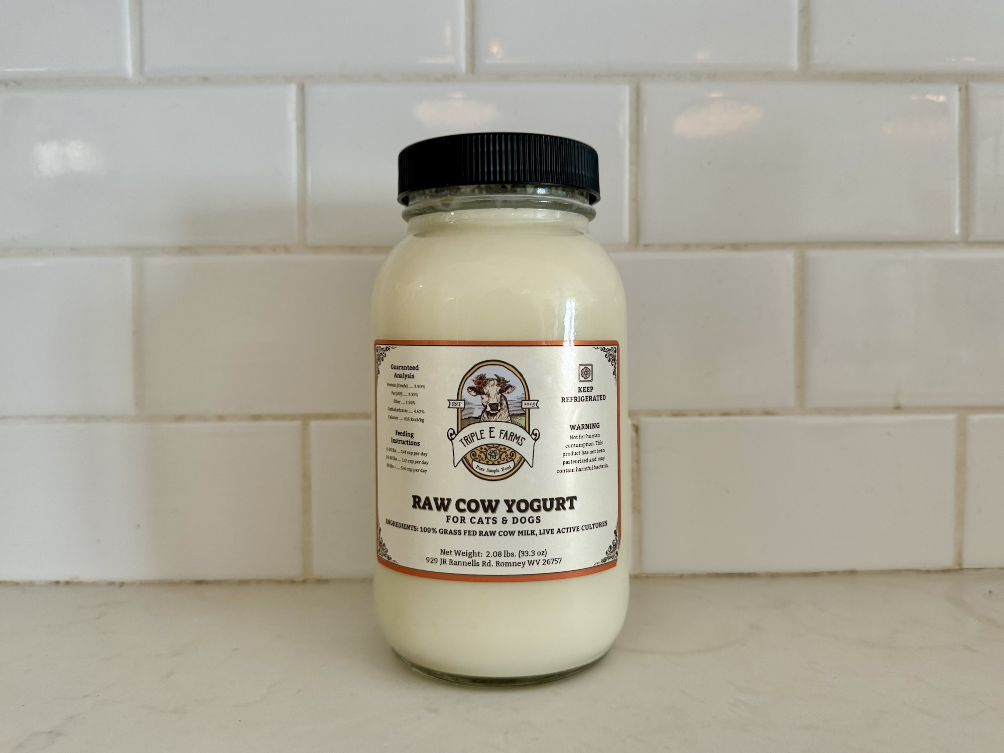 Raw Pourable Cow Yogurt for Cats & Dogs, 1 Quart in Glass