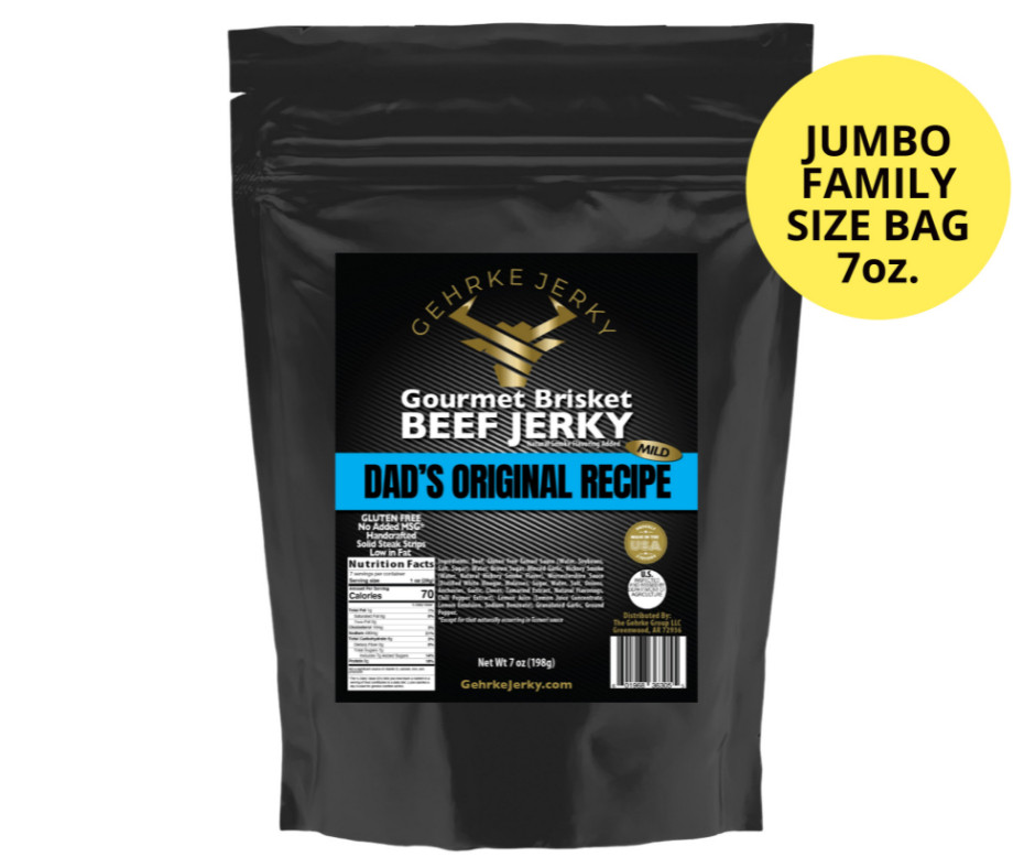 GEHRKE JERKY - "DAD'S ORIGINAL RECIPE" PREMIUM ALL BEEF BRISKET Gourmet Jerky One JUMBO SIZE 7 oz. Bag