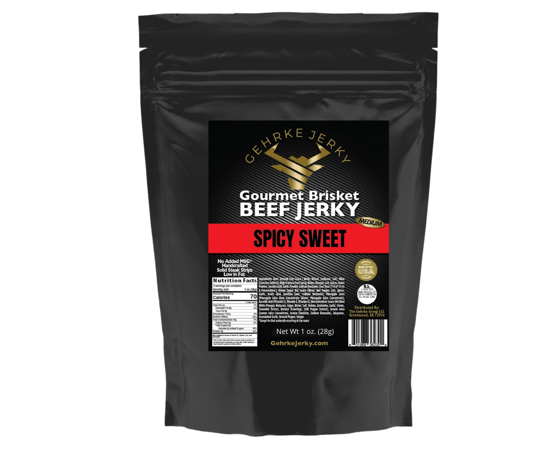 GEHRKE JERKY - GET A SAMPLE BAG TO TRY -SPICY SWEET - PREMIUM BEEF BRISKET JERKY 1 oz. BAG