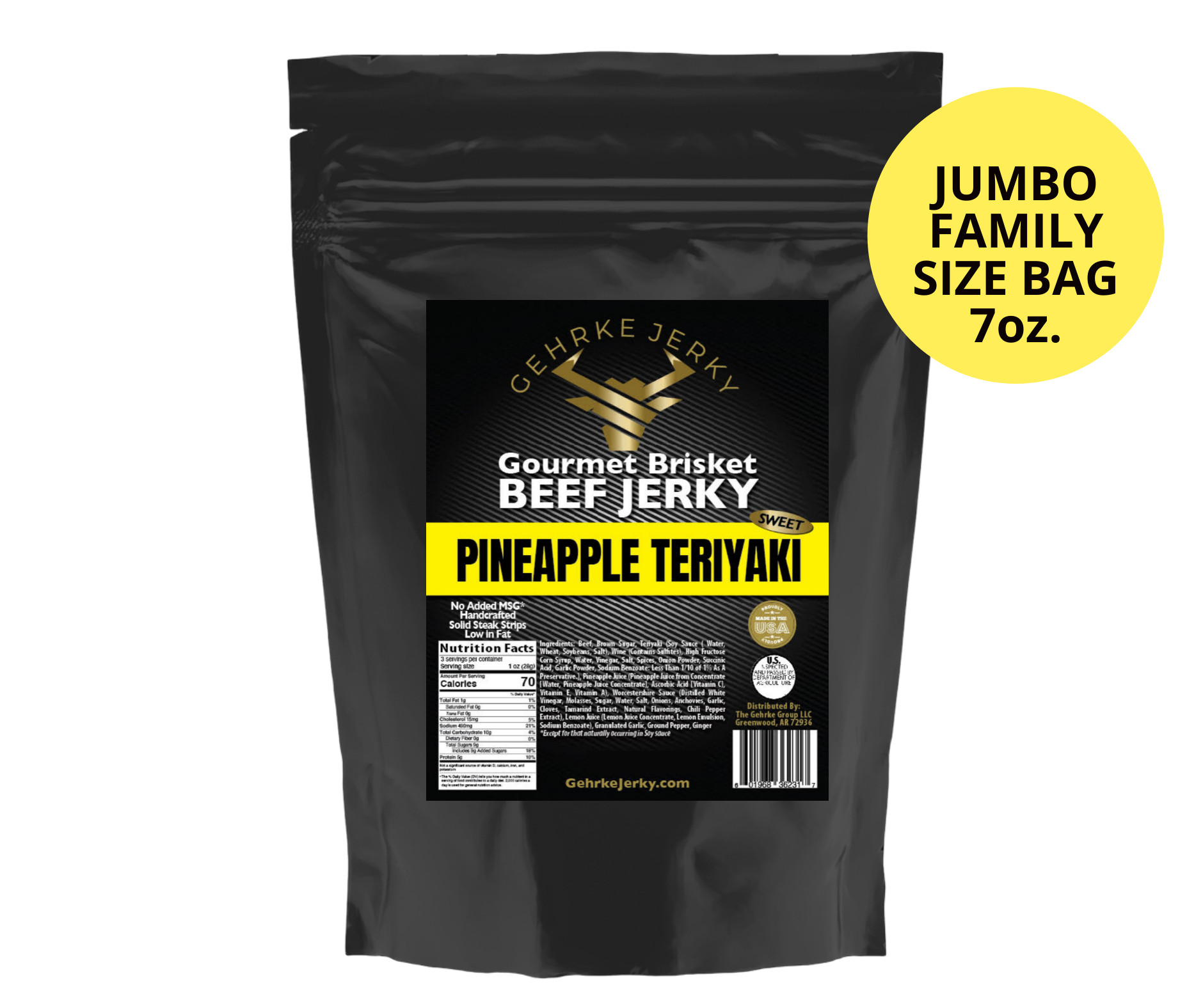 GEHRKE JERKY - PINEAPPLE TERIYAKI - GOURMET 100% PREMIUM BEEF BRISKET JERKY 7 OZ. BAG