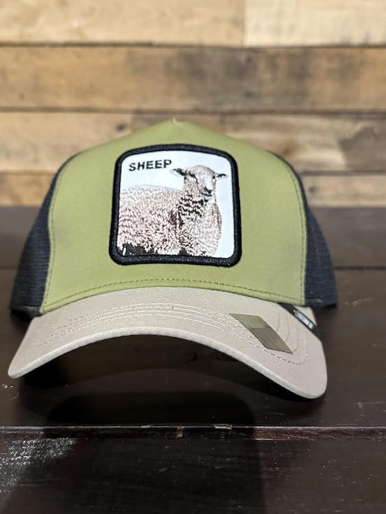Hat Sheep Green Front, Tan Brim, and Black mesh, black patch