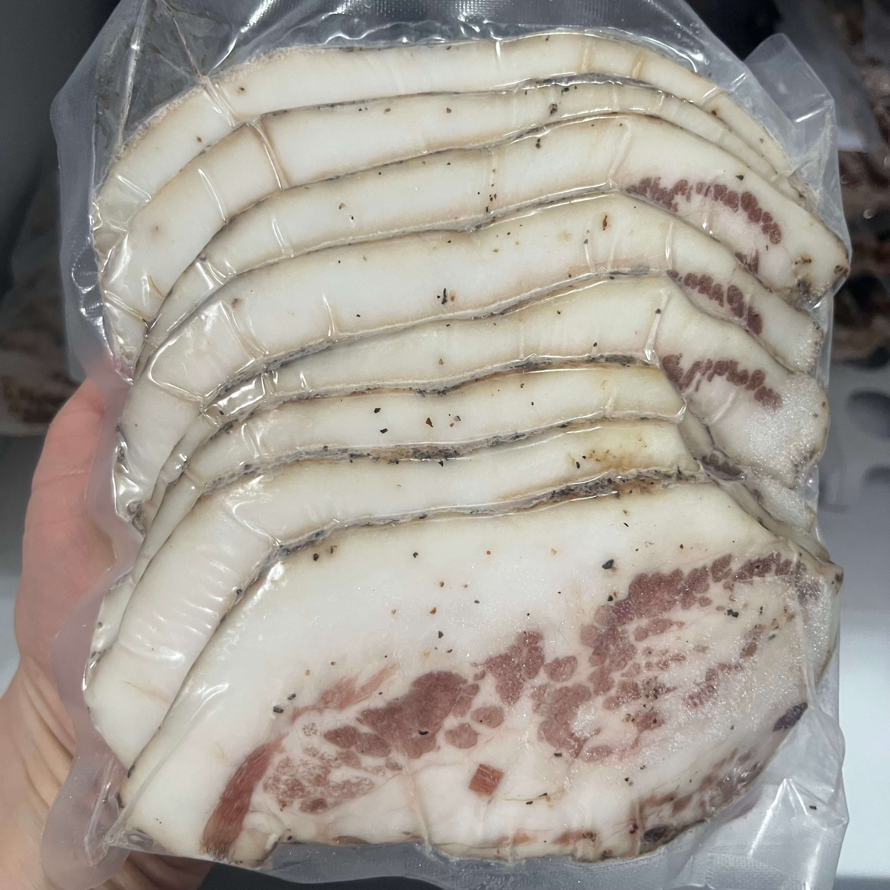 Jowl Bacon, Cured, Hickory Smoked, & Peppered