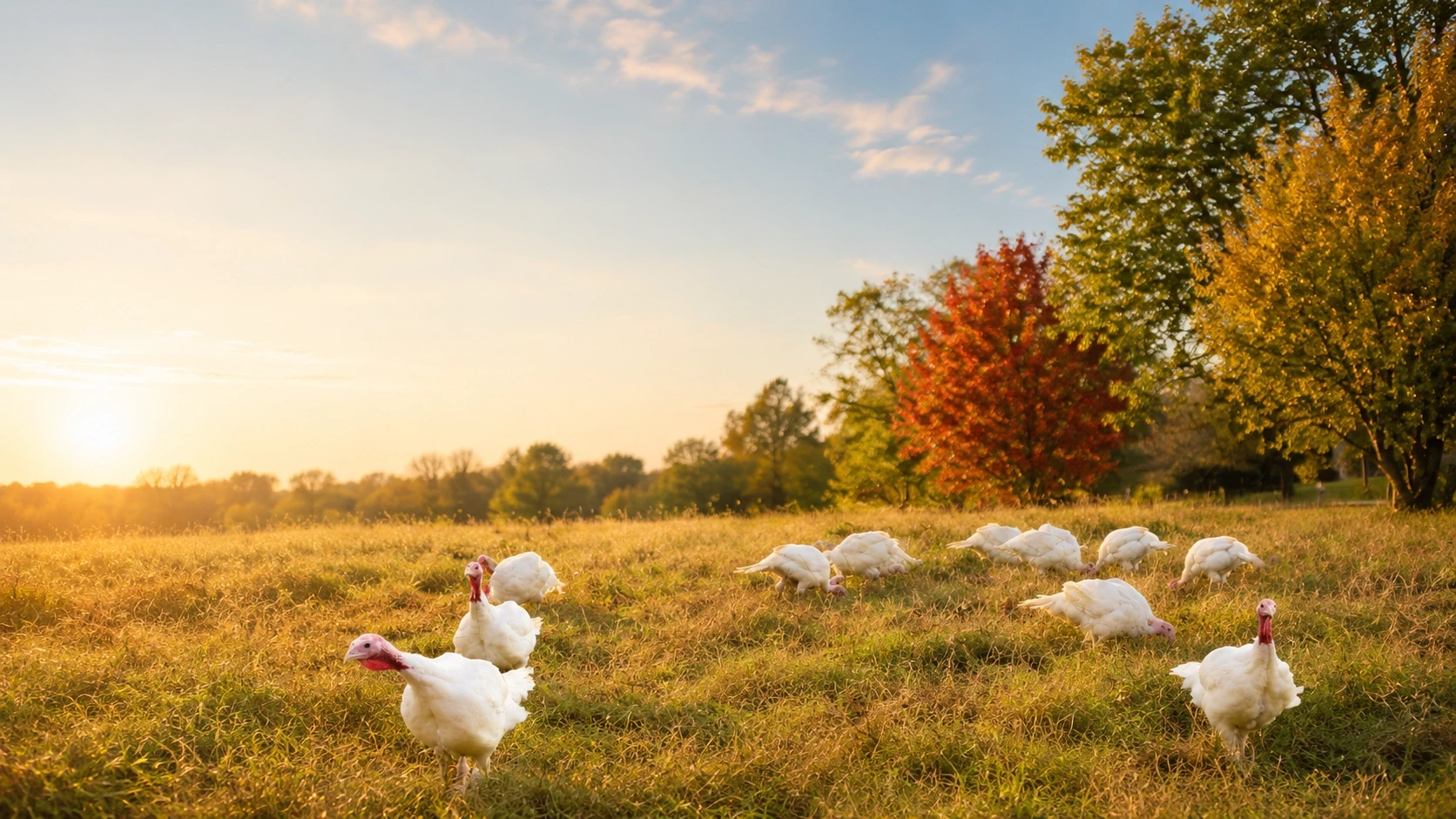 Pasture-raised Thanksgiving turkeys outdoors at Pure Pasture Farms