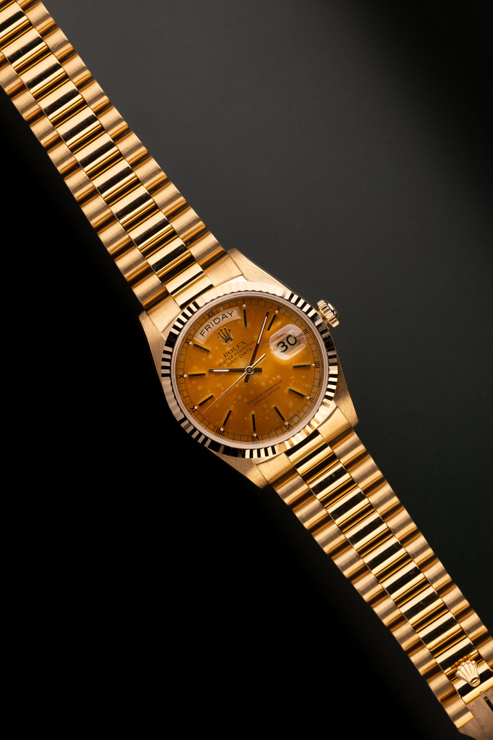 1987 Rolex 18038 Tropical Golden Yellow Gold Day Date Grey and Patina