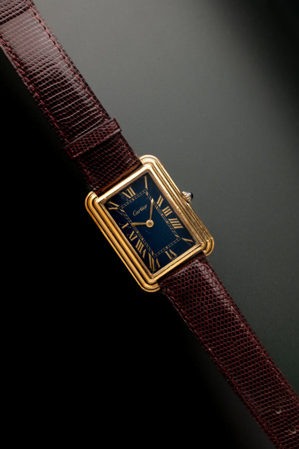 1970’s Cartier New York Jumbo Blue Tank “Stepped Case” Yellow Gold W/Box & Paper