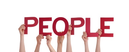 hands holding up the word, people