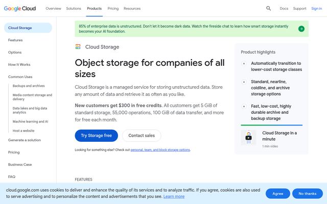 Google Cloud Storageの公式ページ