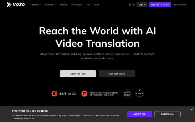 Vozo AI Video Translatorの公式ページ