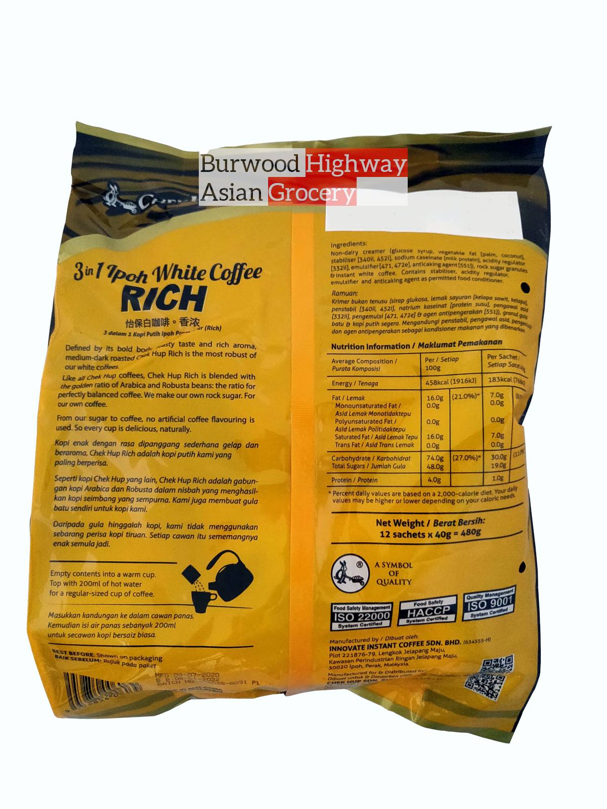 Chek Hup 3 In 1 Ipoh White Coffee Rich 40g X 12 Sachets Burwood Highway Asian Grocery