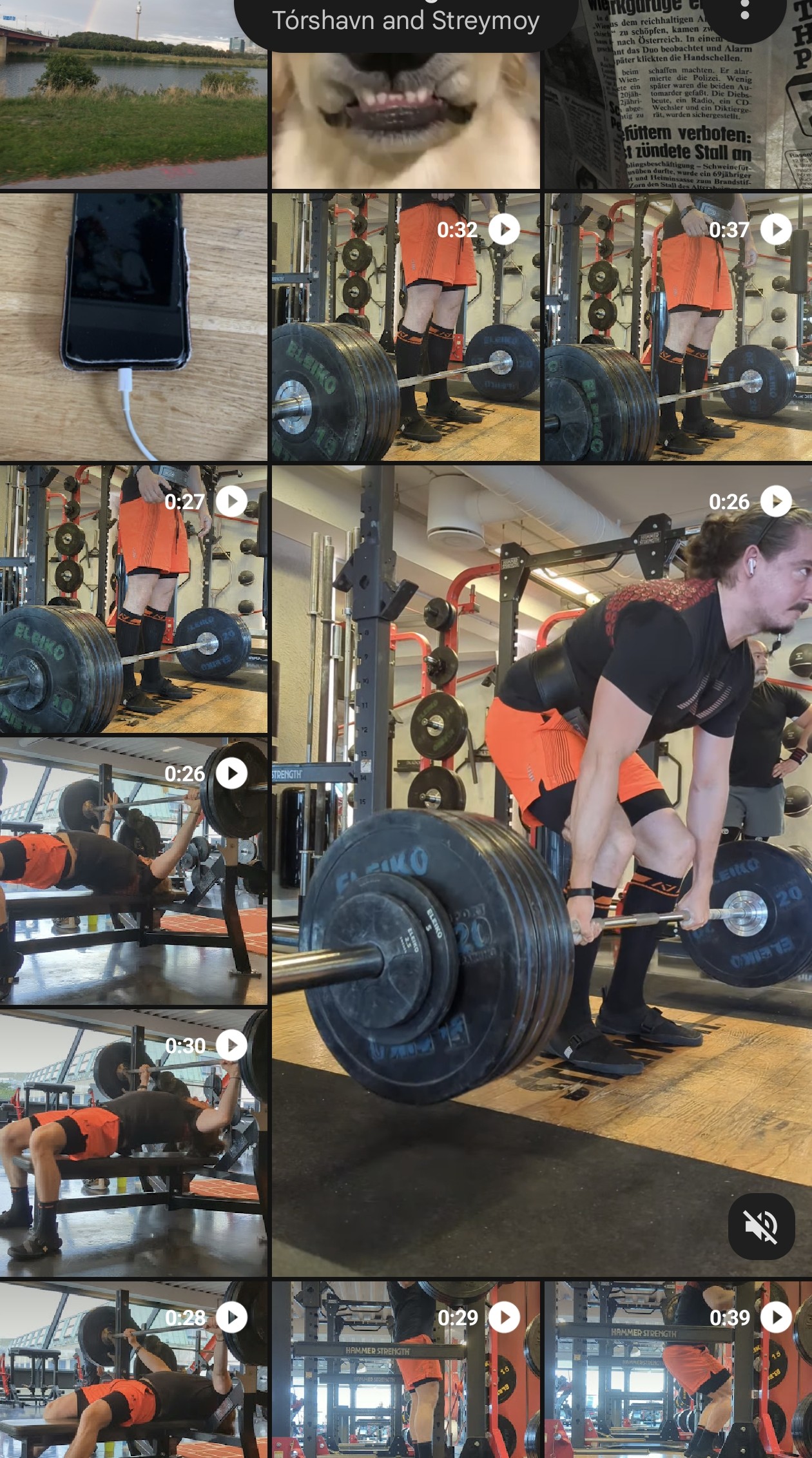 My actual camera roll — deadlift and bench clips buried between a rainbow, a dog close-up, and a newspaper clipping. Not a hypothetical.