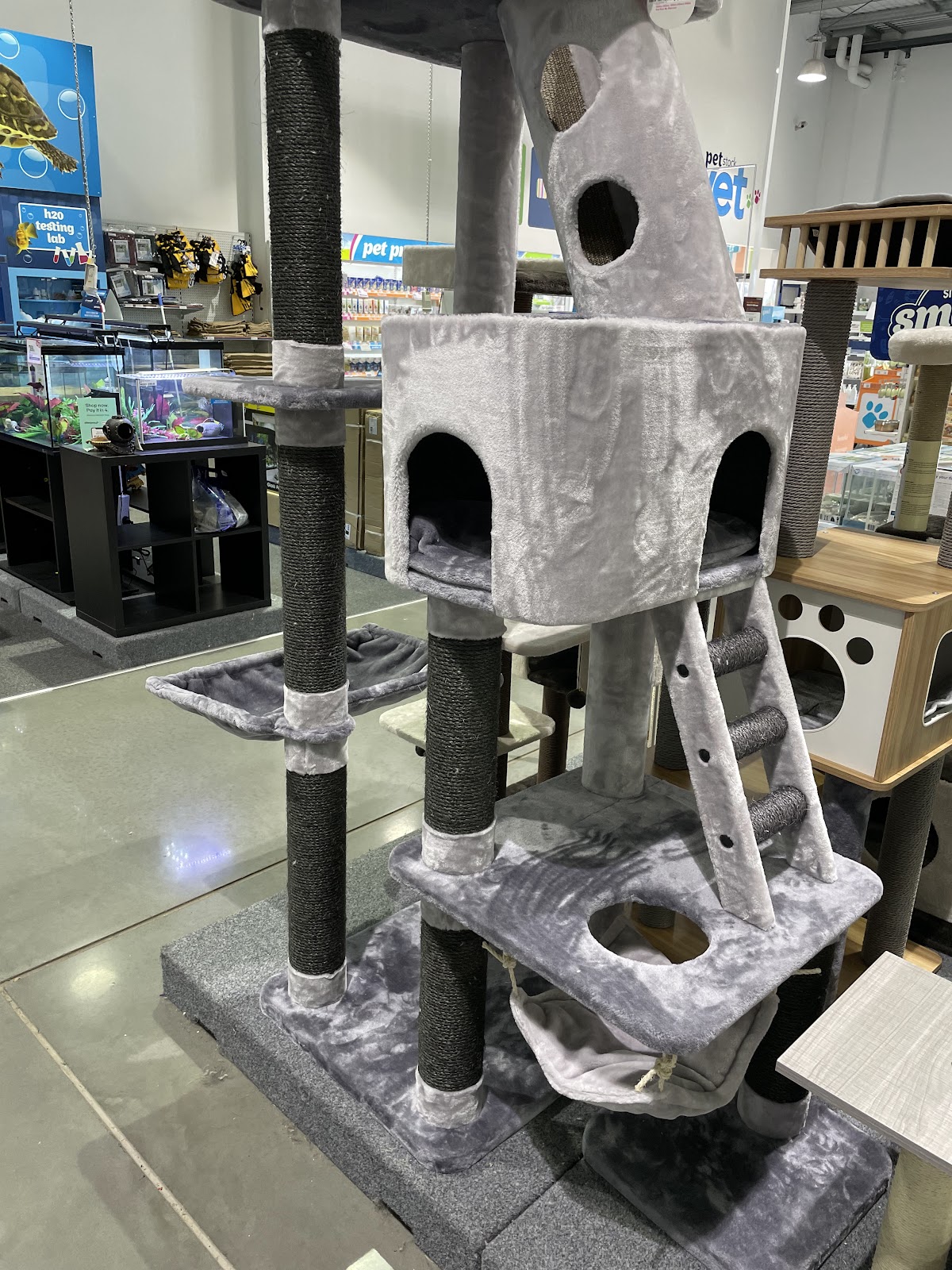 Cat tree display in a pet store. No animals visible.