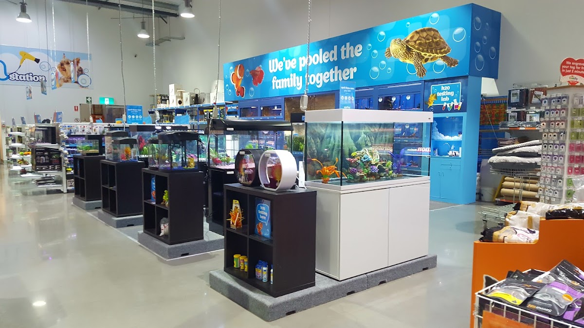 Pet store interior with fish tanks and displays for aquarium supplies.