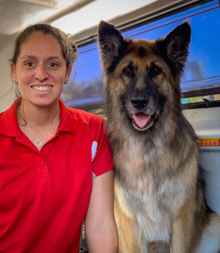 Smiling groomer posing with a well-groomed German Shepherd dog.