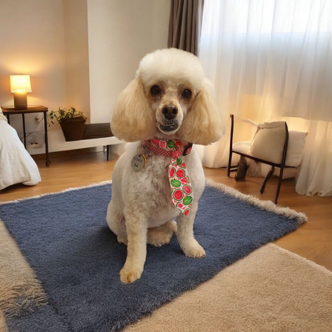 Cream poodle with teddy bear cut wearing watermelon patterned collar, posing in a living room.
