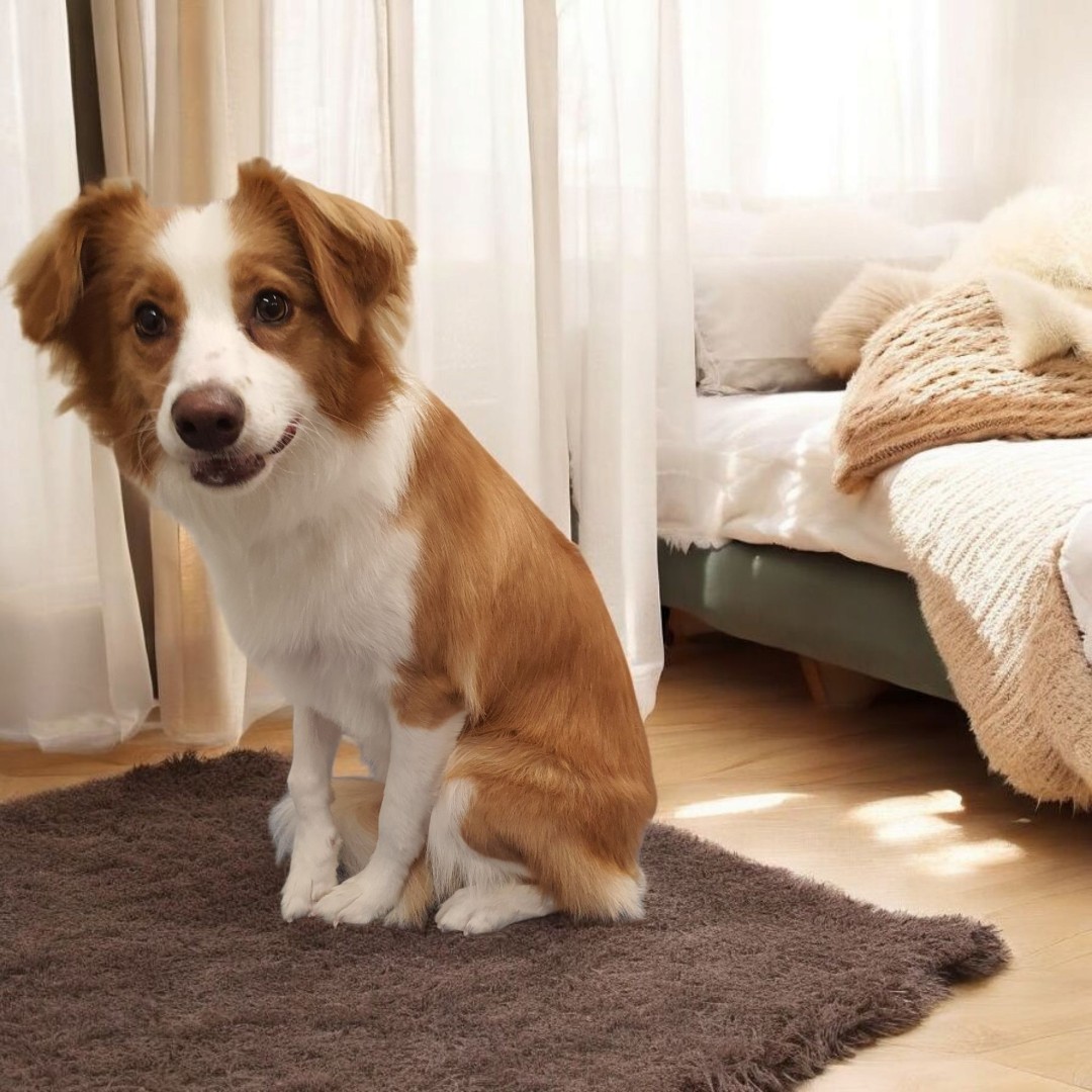 Border collie sitting on a rug in a home setting. Natural coat, no grooming visible.