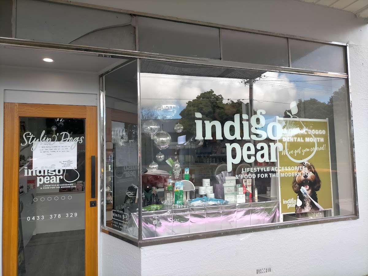 Storefront of Indigo Pear salon with 'Stylin' Dogs' sign and grooming products visible in window.