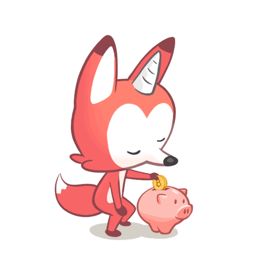UniFox mascot putting bitcoin into a piggy bank