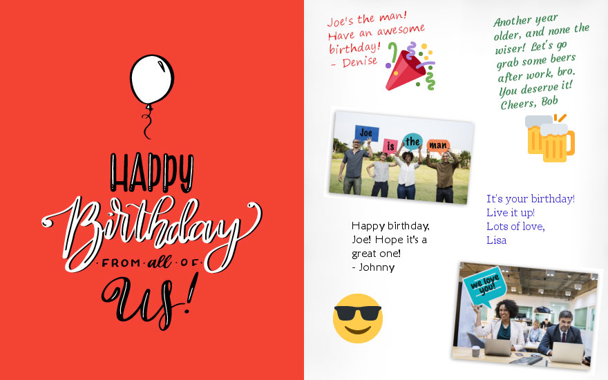 Sample of a GroupGreeting birthday card signed by multiple coworkers, with personal photos and stickers