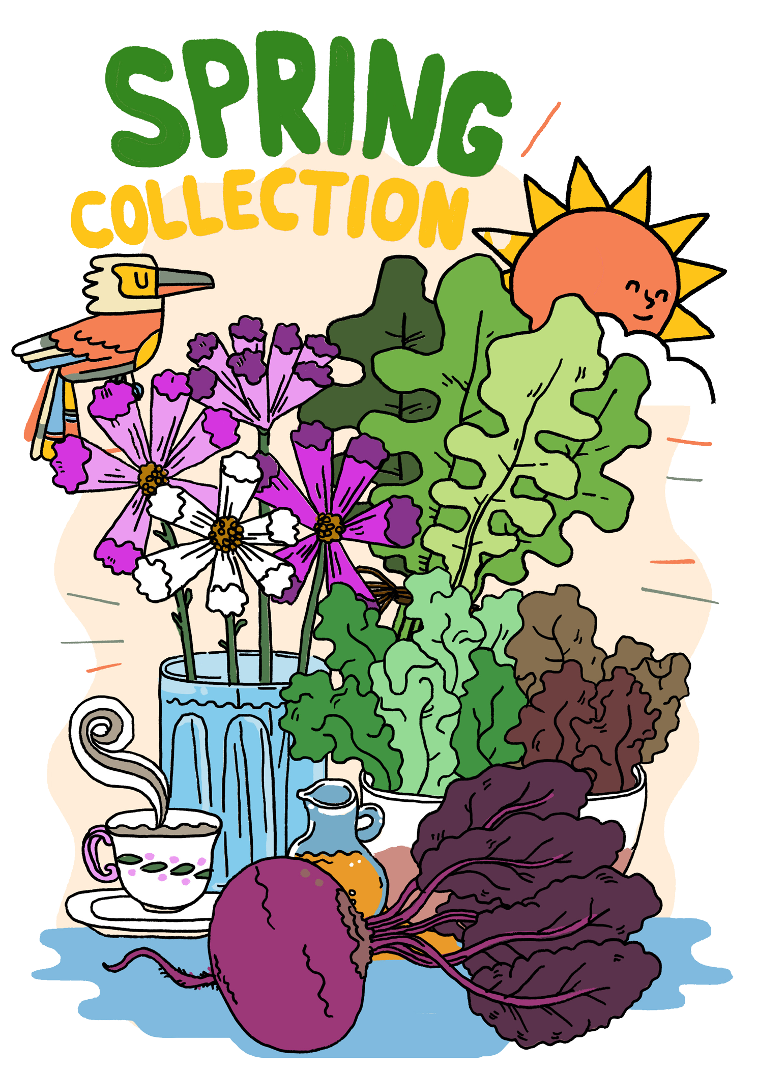 Colourful spring vegetables and flowers illustration