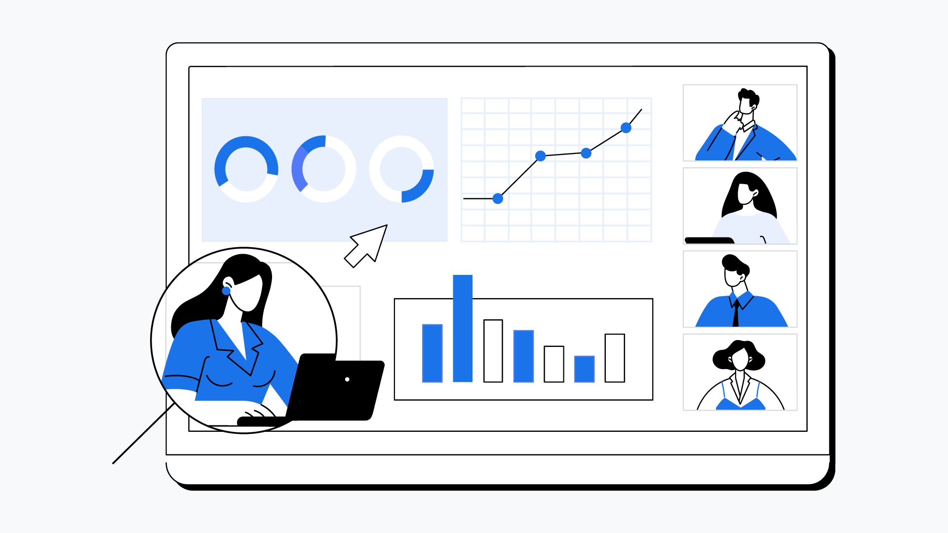 Illustration of a business meeting on a monitor. The screen displays various data visualizations, including donut charts, a line graph, and a bar chart, while a video call shows a group of business people, one of whom is magnified and working on a laptop.
              