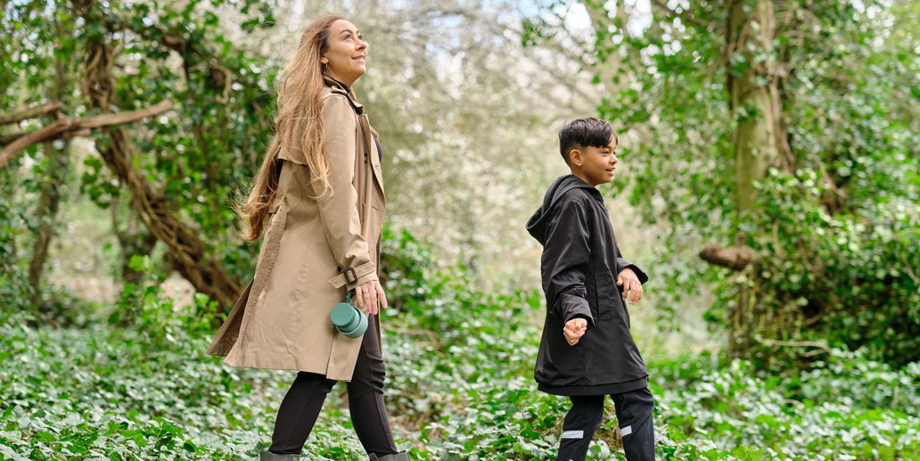 Woman and son in forest