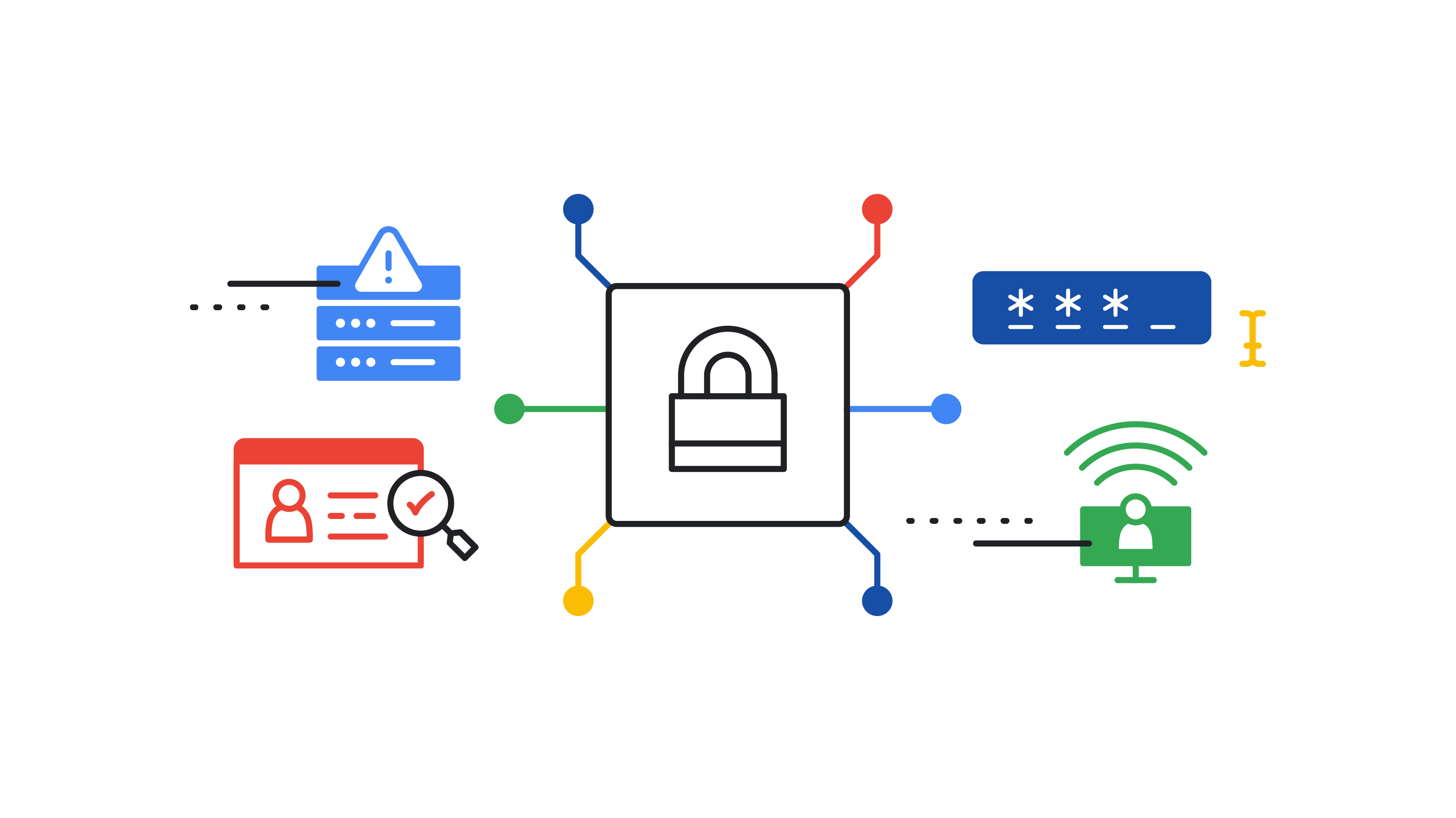 Illustration sur le thème de la cybersécurité comprenant un cadenas, un mot de passe en ligne et un panneau d’avertissement.