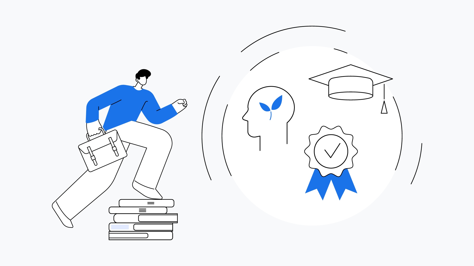 An illustrated image of a man holding a briefcase, climbing books, symbolizing career growth and lifelong learning with a graduation cap and medal.
              
