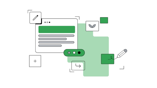 Composition of different drawn elements including a website, a pencil, an 'add' button and an 'edit' button.