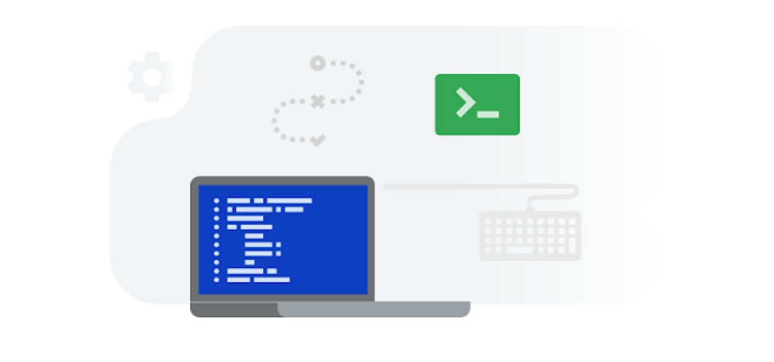 Iustración de un ordenador portátil con referencias relacionadas con programación y desarrollo de código.