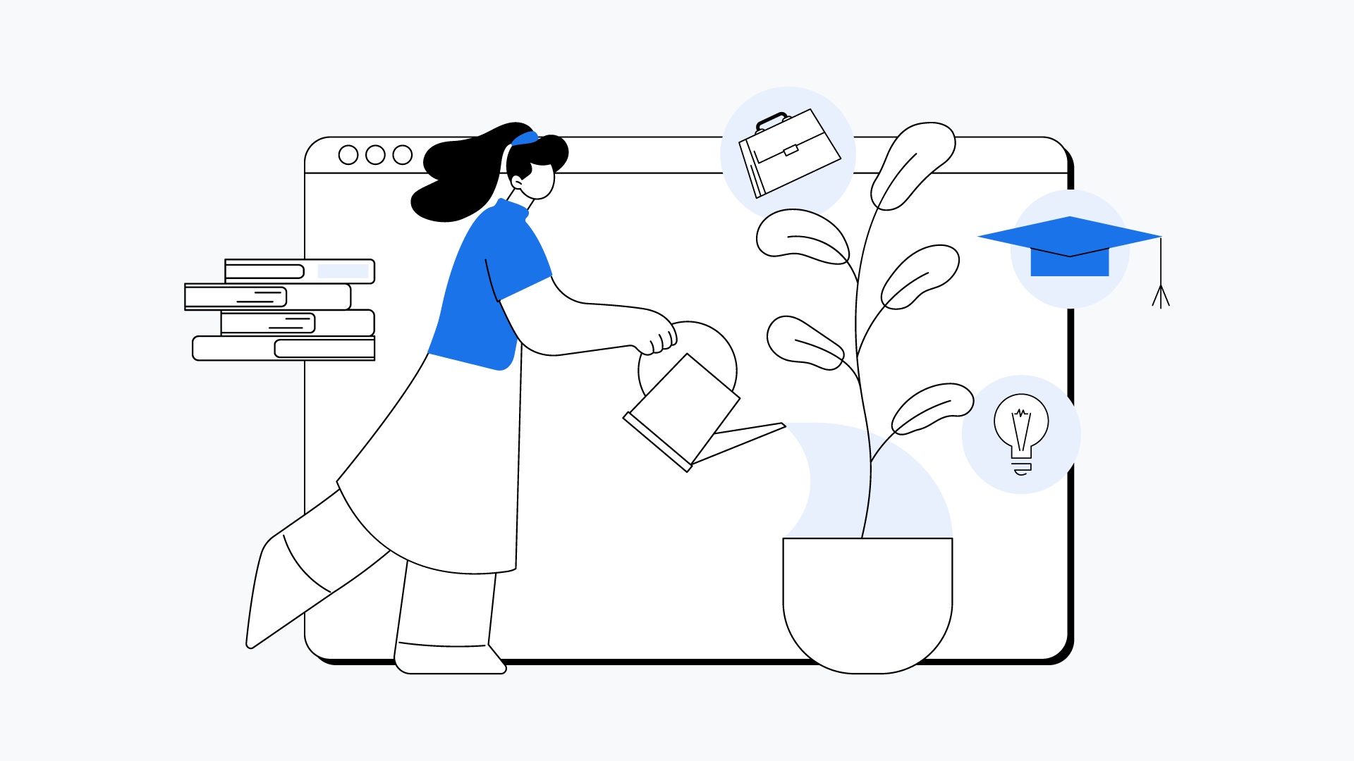 An illustrated image shows a person watering a plant, symbolizing career growth, with a briefcase, graduation cap, and lightbulb floating above it.
              