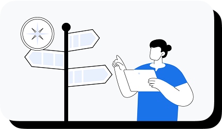 An illustrated image shows a person looking at a tablet and pointing at a signpost with multiple blank directional arrows.