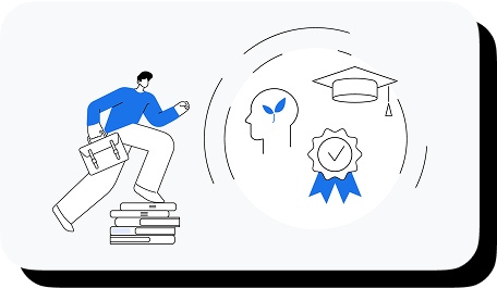 An illustrated image of a man holding a briefcase, climbing books, symbolizing career growth and lifelong learning with a graduation cap and medal.