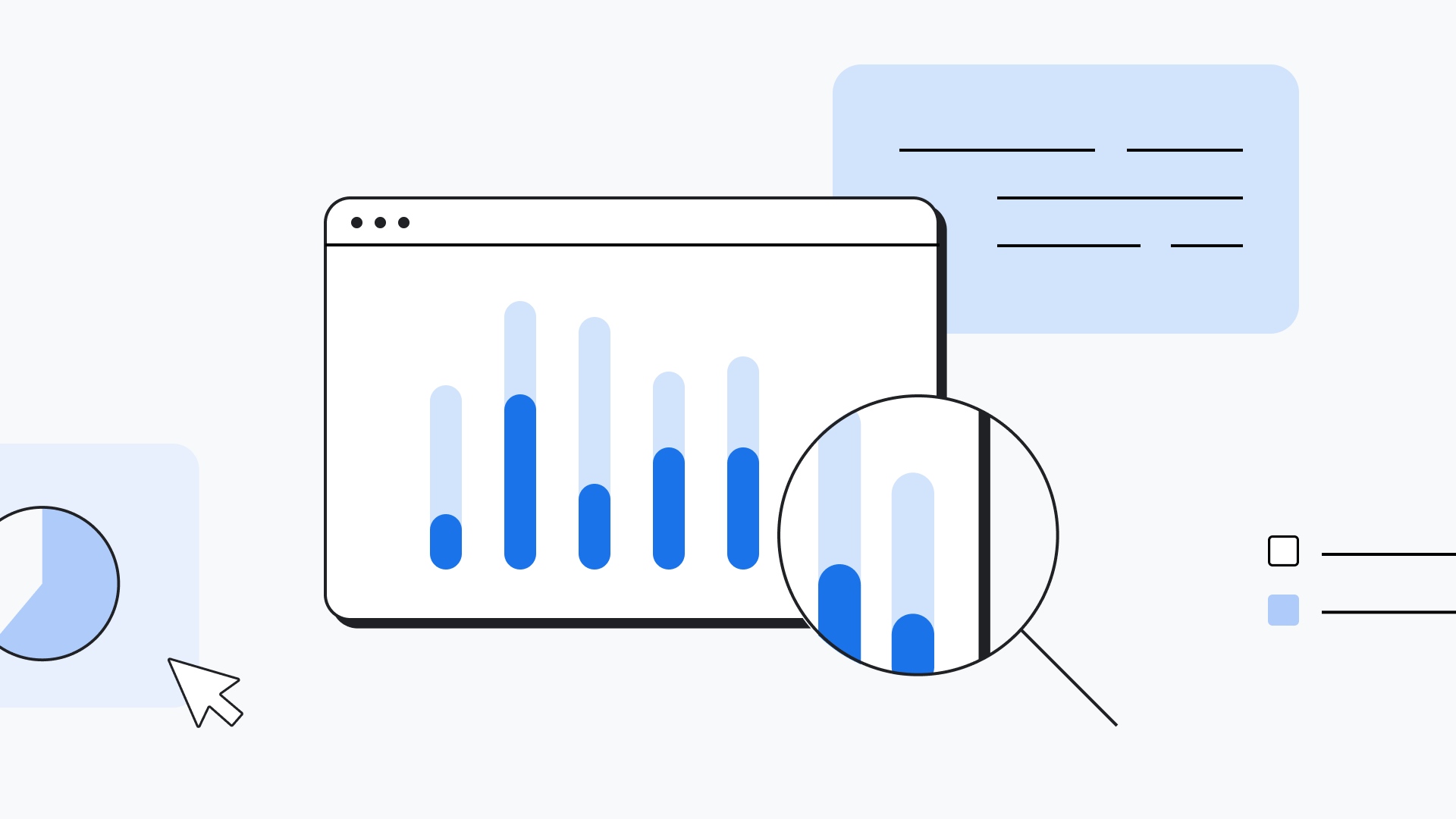 Line art graphic of a data analytics interface showing a bar chart being examined with a magnifying glass.
              