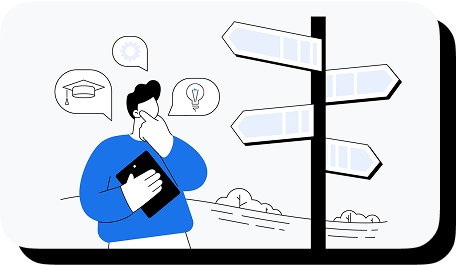 Illustration of a person deciding their career path with a signpost, symbols for education, ideas, and work.