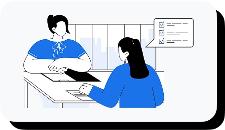 An illustrated image shows two people, one being interviewed by the other. The interviewee is checking off a list of qualifications.