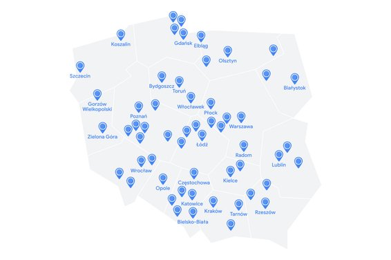 Mapa z zaznaczonymi miastami, w których mieszcżą się przedsiębiorstwa biorące udział w programie Firmy Jutra