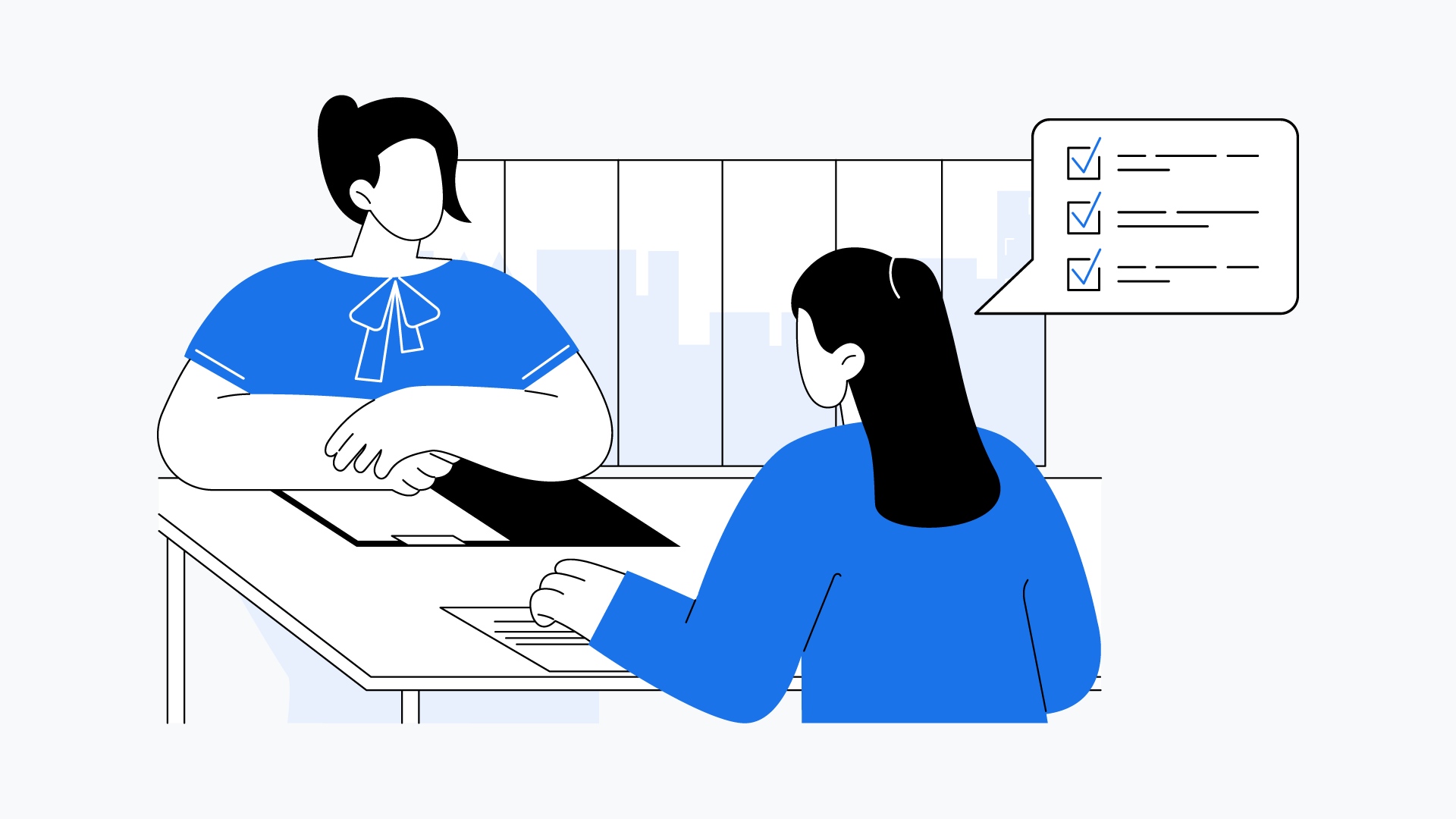 An illustrated image shows two people, one being interviewed by the other. The interviewee is checking off a list of qualifications.
              