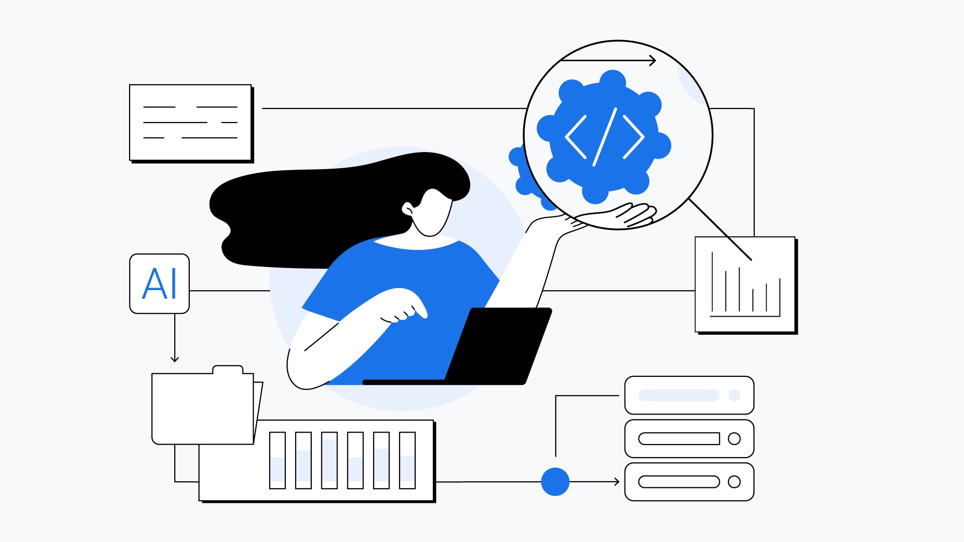 An illustrated image of a woman programming on her laptop surrounded by a complex network of data, servers, and AI concepts.
              