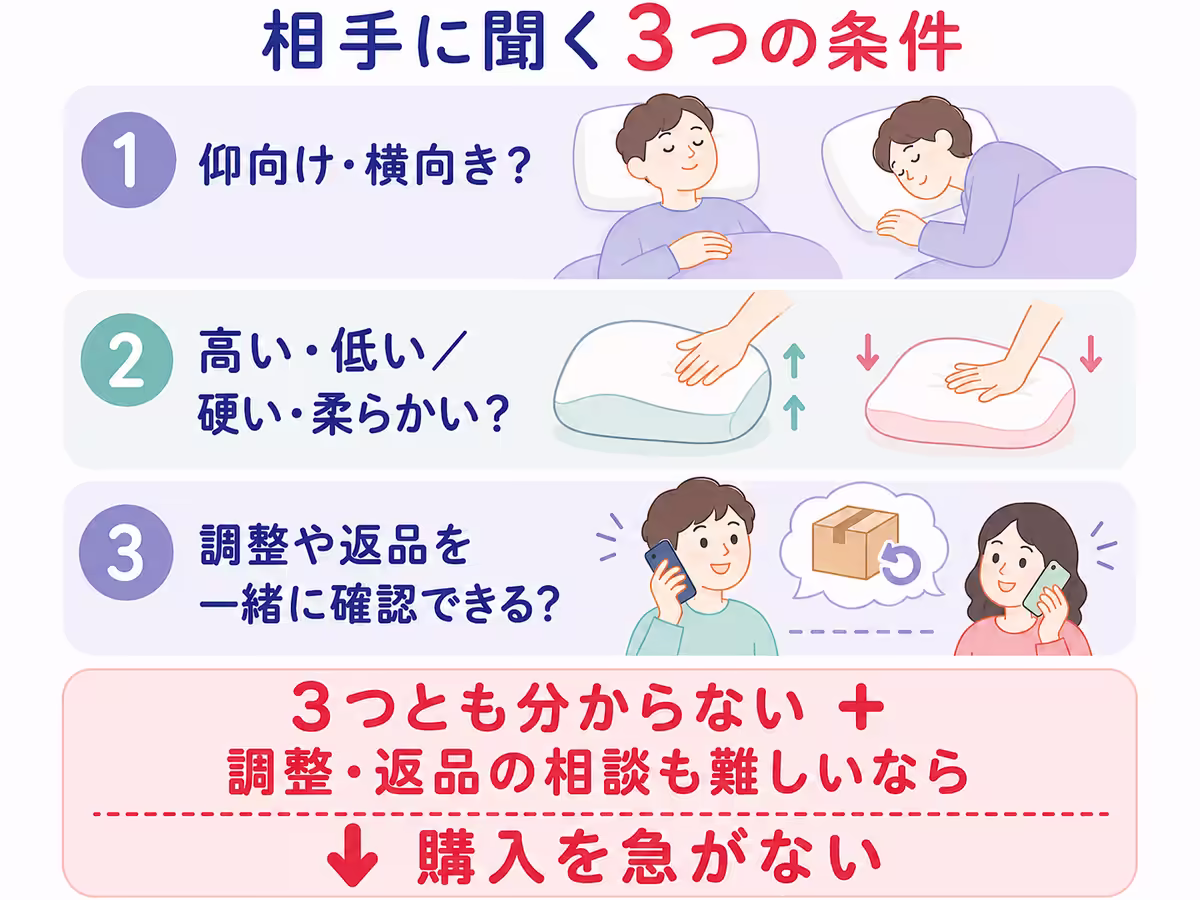 枕を贈る前に、寝姿勢、高さ・硬さの好み、返品時に連絡できるかの3点を相手へ確認するチェックリスト。3つとも分からず、調整や返品も一緒に確認できない場合は購入を急がない。