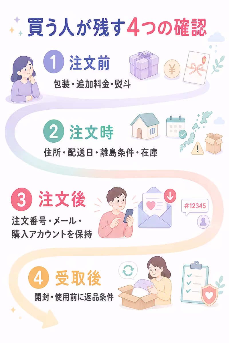 枕ギフトの購入前に包装、注文時に配送、注文後に注文番号やメールの保存、受取後に開封・使用前の返品条件を確認する4段階の手順。