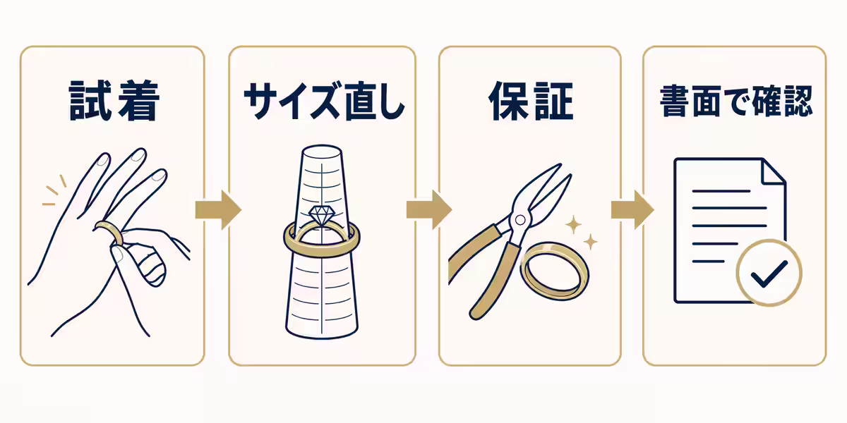 結婚指輪候補ごとに試着、サイズ直し、保証を書面で確認する順序図