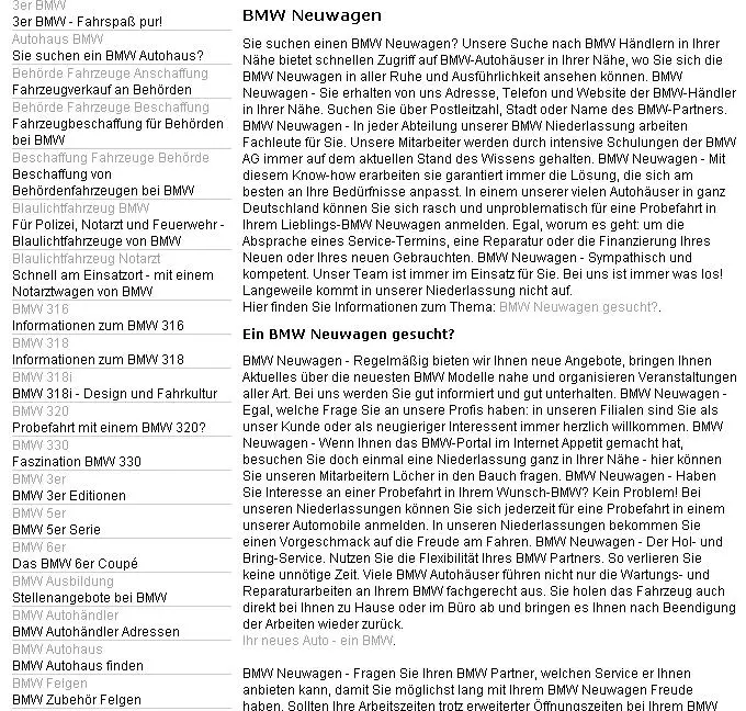 Screenshot of the BMW page