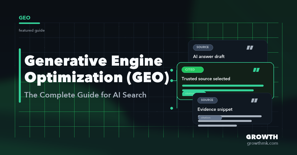 Featured image for a Generative Engine Optimization guide, showing AI answer citation cards with one highlighted source on a dark Growth-branded background.